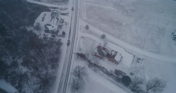 Aerial view of a pickup truck traveling along a highway in Rockland Maine USA alt