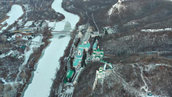 Winter flight over the Holy Dormition Svyatogorsk Lavra.