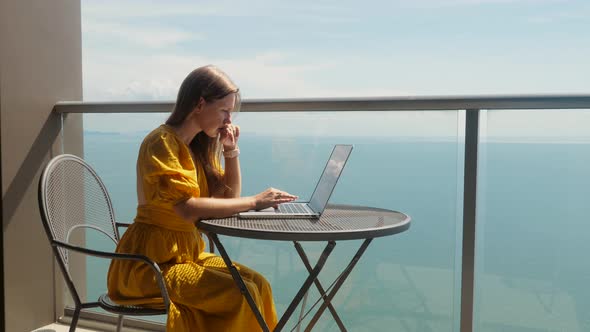 Overworked Woman Professional Forced to Work in Holidays or Vacations in Hotel alt