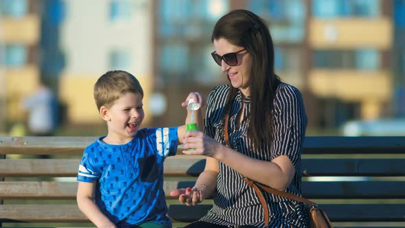 Happy Child and Woman Playing with Soap Bubbles in Park alt