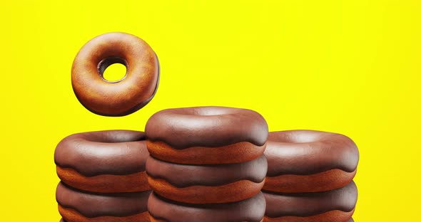 Minimal motion design. 3d chocolate donuts on yellow background.