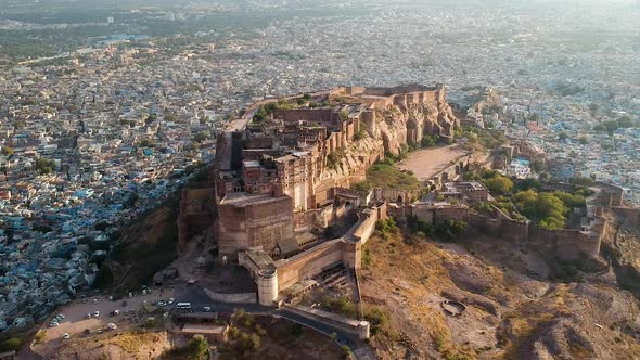 Aerial of Mehrangarh Fort in Jodhpur, Rajasthan, India alt