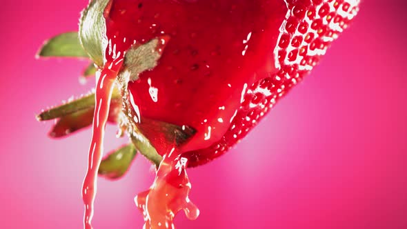 Slow Motion Macro Shot of Flowing Juice From Strawberry alt