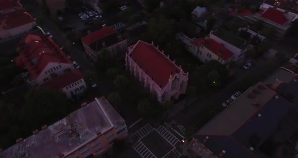 Aerial Rotating View of French Huguenot Church in Downtown Charleston alt