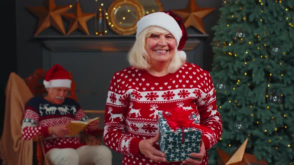 Senior Grandmother in Festive Sweater Presenting Christmas Gift Box Smiling Looking at Camera alt