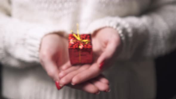 Close-up of the Hands of a Woman Holding a Box with a Gift. alt