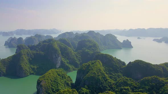 Aerial Shot of a Halong Bay National Park in Vietnam Consisting of Thousands of Small and Big alt