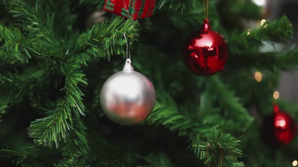 Christmas balls and lights ornaments Christmas tree celebrates the new year.