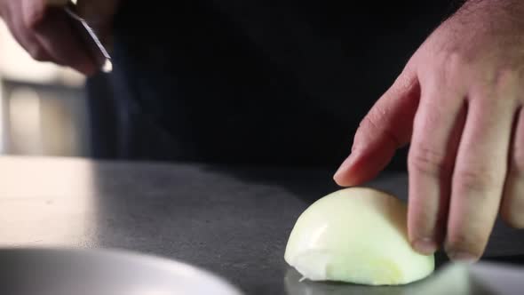 Professional chef cuts the onion  alt
