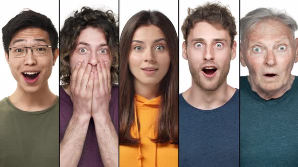 Split Multiscreen Collage of Diverse People Reacting to Surprise Looking Amazed and Excited