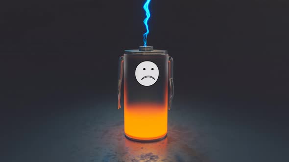 Funny empty rechargeable battery made of metal and glass losing energy Render 4K alt