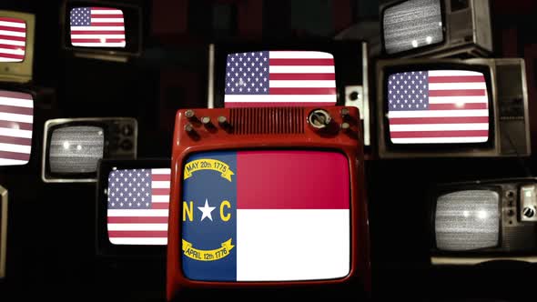 Flag of North Carolina and US Flags on Retro TVs. alt