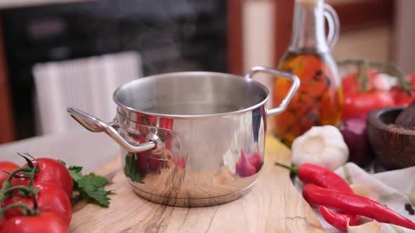 Pot with Hot Boiling Water on a Wooden Cutting Board Ant Domestic Kitchen alt