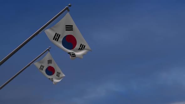 South Korea Flags In The Blue Sky - 4K