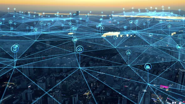 smart Connected city skyline. Futuristic network concept, city Technology. alt