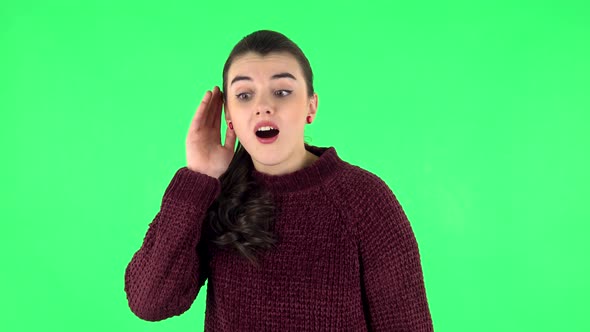 Woman Holding Hand Near Ear Trying To Listen Interesting News Expressing Communication Concept alt