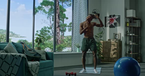 Strong Muscular Fit African American Man Doing Morning Fitness Routine