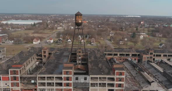Aerial view of the dilapidated Packard Automotive Plant in Detroit, Michigan.This video was filmed i alt
