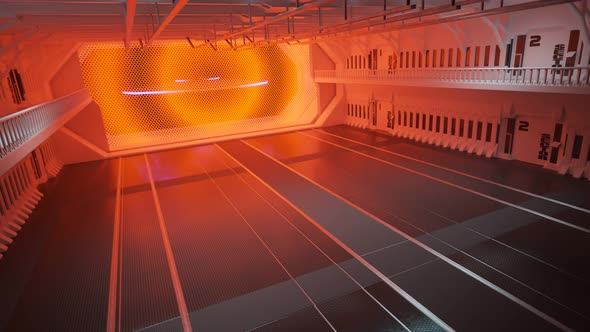 White metal flying saucer flying into space hangar. UFO arriving from travel 4K alt