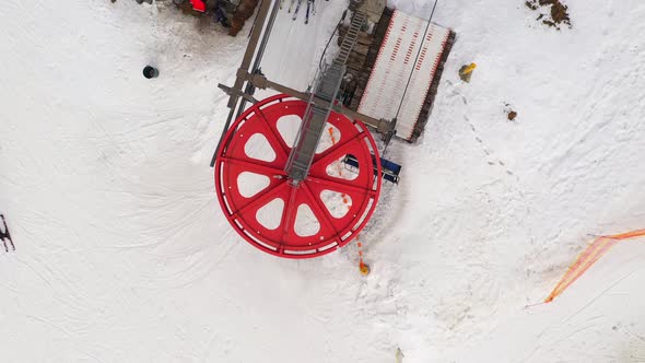 Top down view of the ski lift in winter. Bukovel, Ukraine