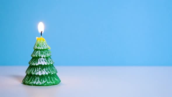 Green Christmas Tree Wax Candle Burning on Blue Background New Year or Christmas Video Banner with