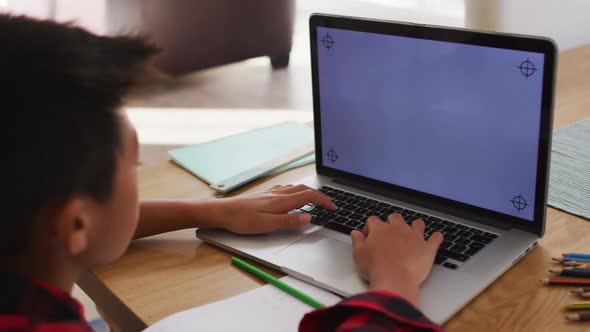 Asian boy at home, sitting at table for online school lesson using laptop, with copy space on screen alt