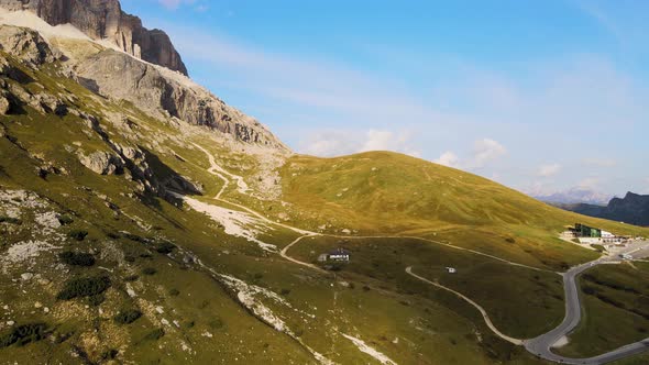 Dolomites, Italy. Aerial View of Val Gardena Green Hills and Blue Summer Sky alt