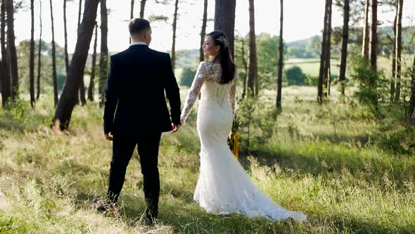Stylish and tender couple in love - the bride and groom in the park alt