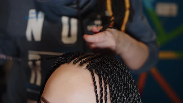 A Female Stylist Attaches Senegalese Braids to a Woman in a Beauty Salon alt