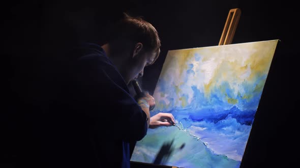 Artist Copyist Paint Seascape with Ship in Ocean. Vaper Smoke Vape E-cigarette. Craftsman Decorator alt