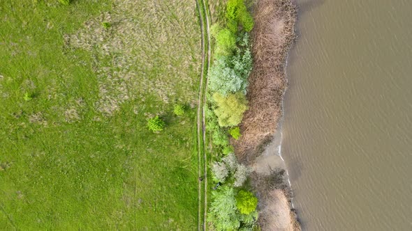 Along a dirt road on the river bank alt