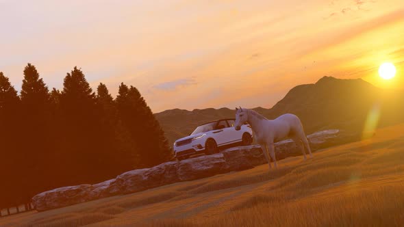 White Luxury Off-Road Vehicle and Horses Standing in Mountainous Area with Sunset View