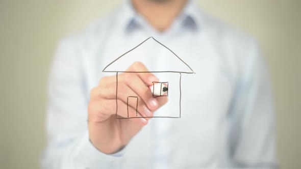 House Concept, Businessman Writing on Transparent Screen alt