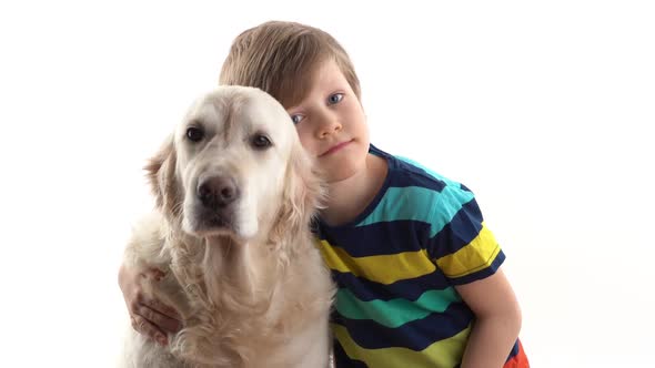 Care and Love for Pets. Little Boy in the Studio on a White Background Posing with a Golden