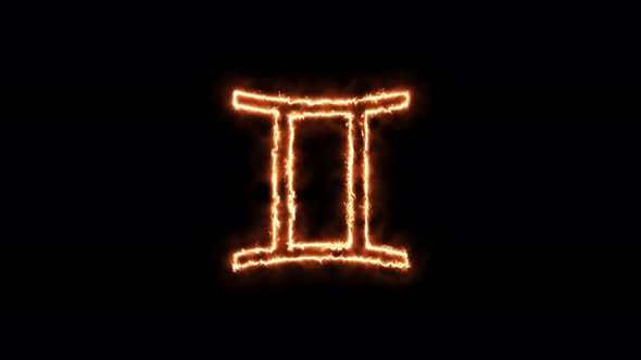 Zodiac signs Gemini on fire. Symbol animation burning in a flame on a black background alt