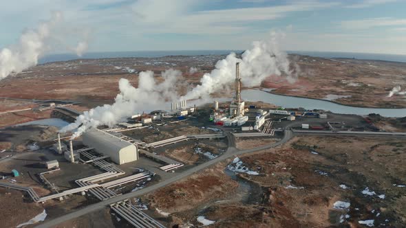 A Bird's-eye View of a Plant Producing Clean Energy Using Geothermal Sources, Iceland, Winter 2019