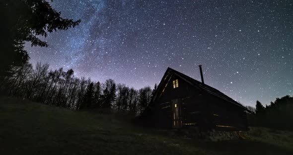 Romantic Starry Night Sky Milky Way Galaxy Rotates over Wooden Hut in ...