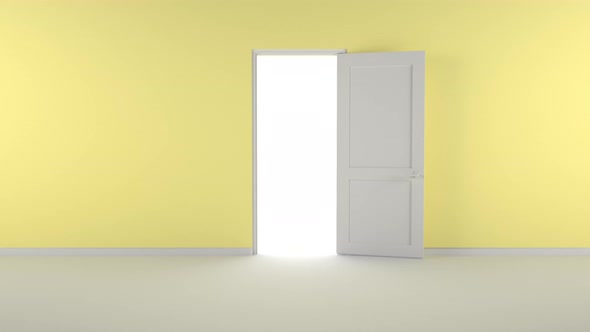 The door opens and a bright light floods the yellow room