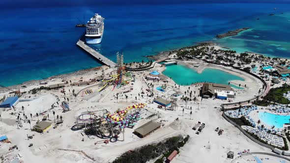Aerial drone footage of the beautiful tropical beach at Little Stirrup Cay or CocoCay, Bahamas