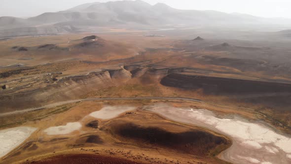 Flying over desert valley on red planet Mars