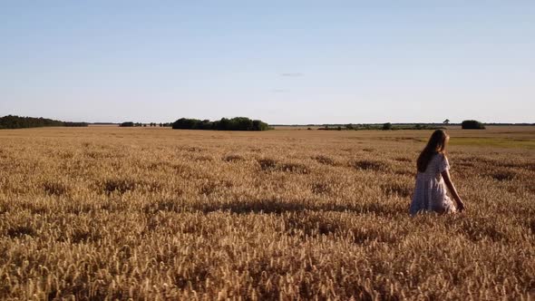 Girl walking in the field of rye, slow mo