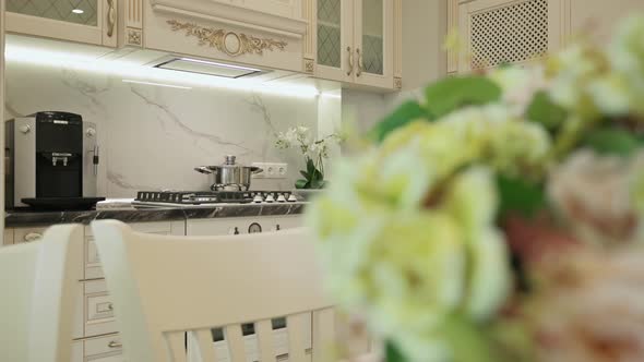 Large Luxury Moden Classic Beige Kitchen with White Dining Table alt