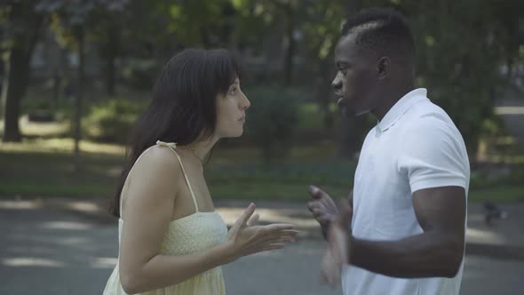 Side View of Angry Young Interracial Couple Arguing Outdoors. Annoyed African American Man and alt