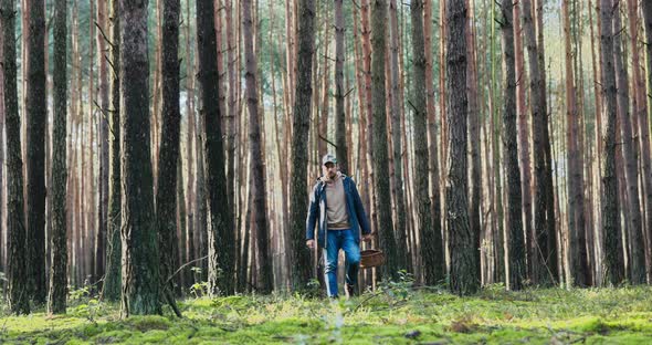 Experienced Man Interested in Mushrooming Dressed Warmly with Cap on Head is Walking Through Forest alt