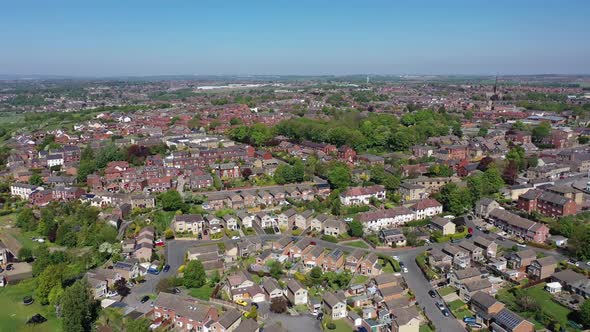 Aerial footage of the town centre of the village of Ossett in Wakefield west Yorkshire