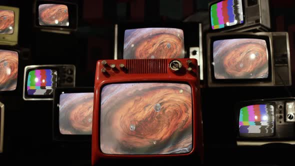 Galilean Moons and The Great Red Spot of Jupiter on Retro TVs.