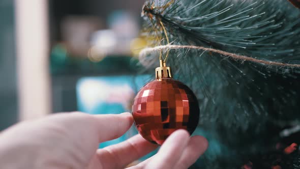 A Female Hand Rotates a Shiny Red Christmas Ball Hanging on a Christmas Tree alt