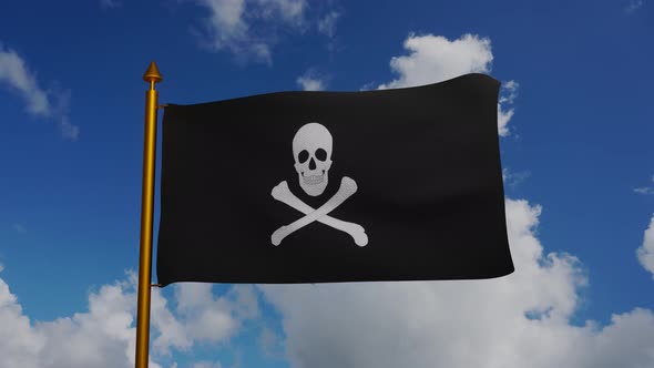 Jolly Roger or pirate ship flag waving with flagpole and blue sky timelapse alt