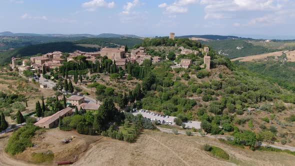 Aerial view of Monticchiello village in Val d'Orcia, Tuscany, Italy, Europe alt