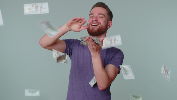 Arrogant Rich Man Rejoicing Big Money Win Surprise Sudden Lottery Gain Dollar Bills Falling Around alt